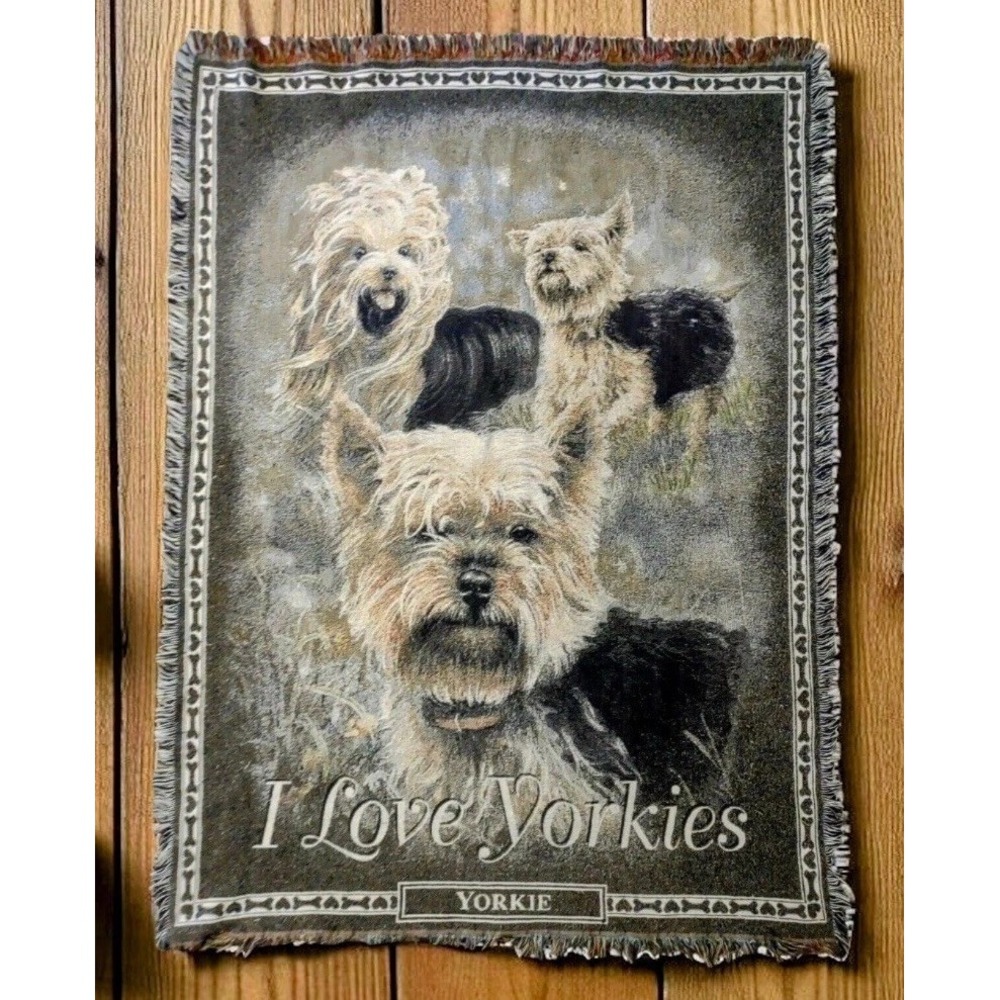 Vintage Danbury Mint "I Love Yorkies" Dog Tapestry Blanket Throw 100% Cotton USA